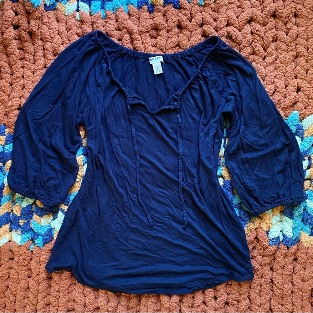 Navy Peasant Blouse w Front Tie & Bishop Sleeve